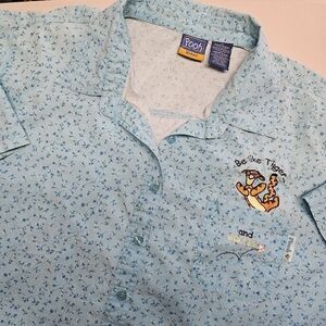 Pooh Disney Woman Blue Floral Tigger Embroidered Button Up‎ Shirt 26W 28W
